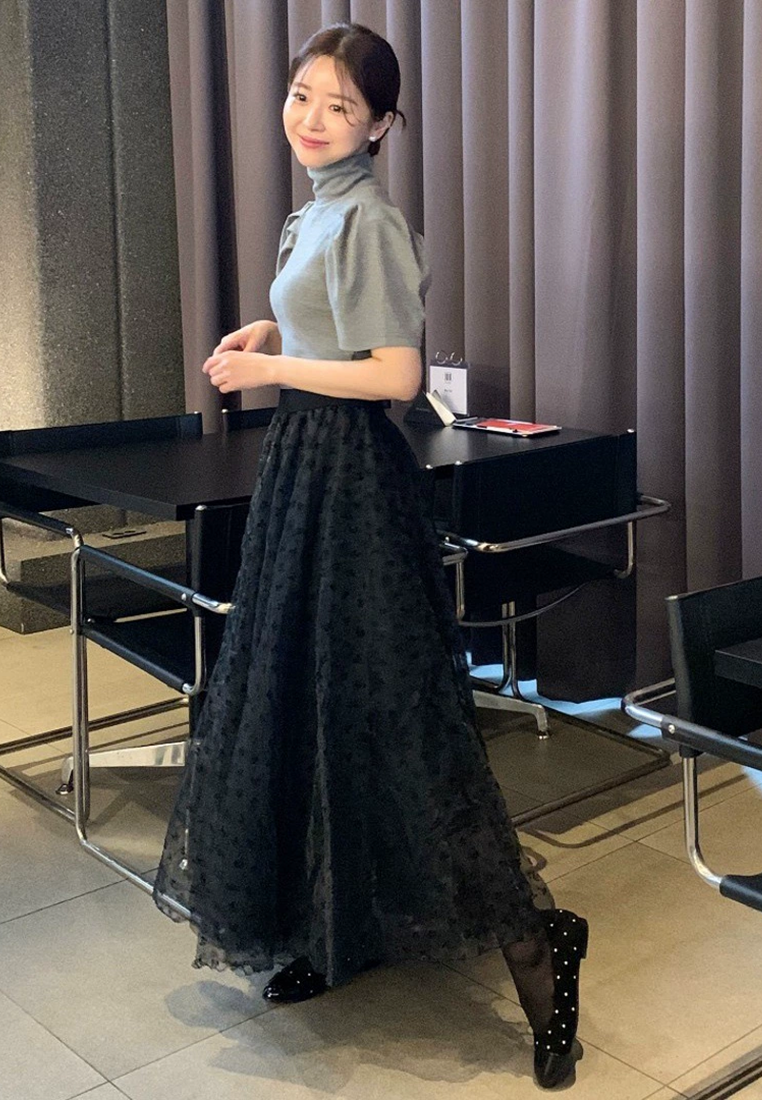 Spring printed high waist mesh long skirt CA25021333BK