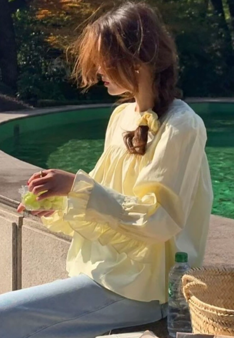 Spring French Round Neck Solid Color Long Sleeve Shirt CA25031101YE