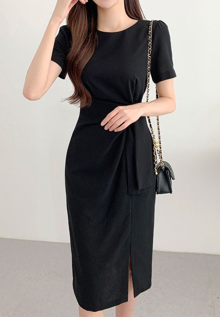 Retro round neck waist bag hip dress CA25032745BK