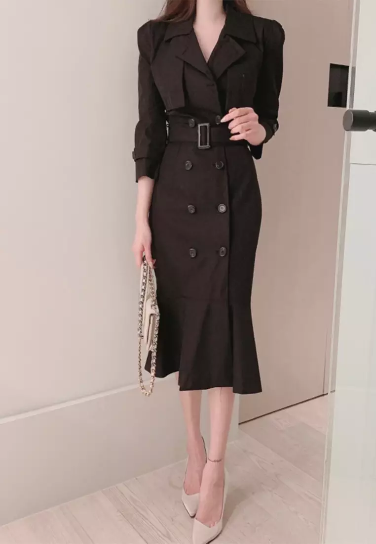 French style lace up button cinched waist dress CA24092725BE