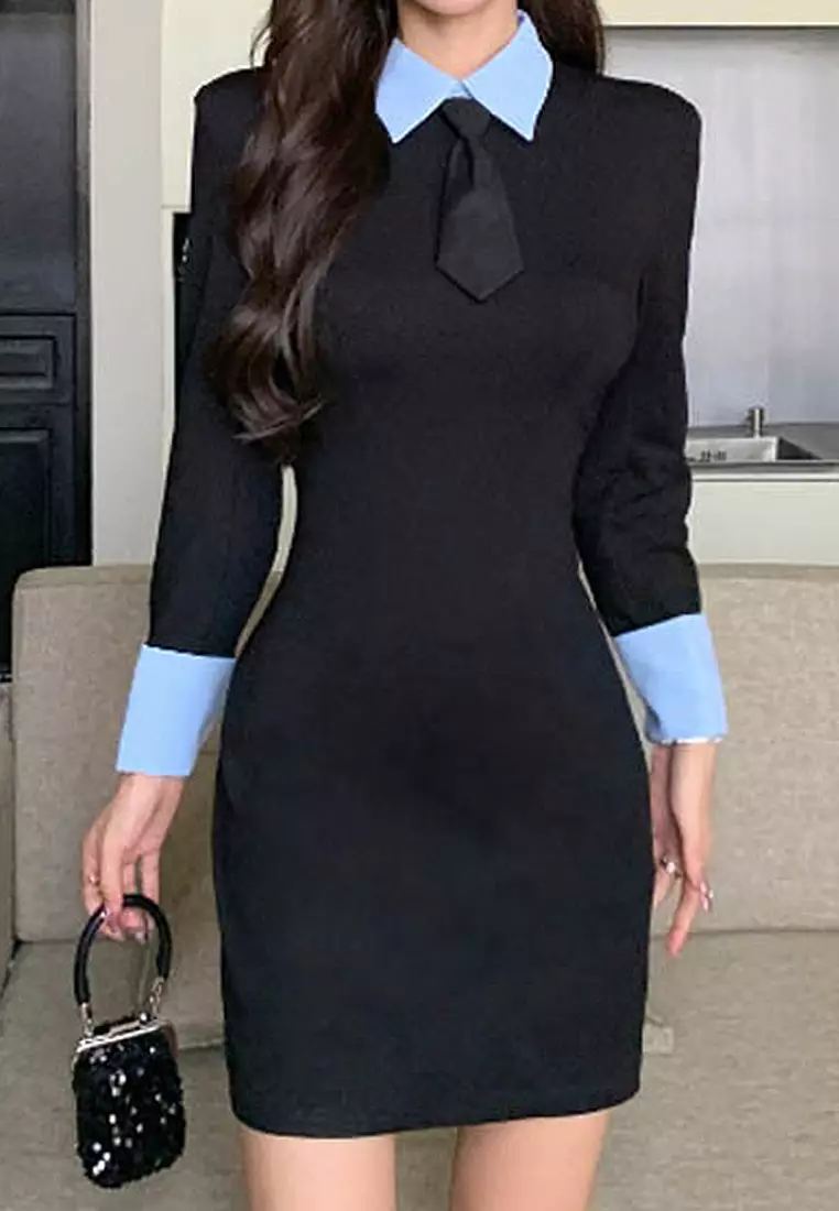 Fashionable slim fit long sleeved dress with tie included CA24092706BL