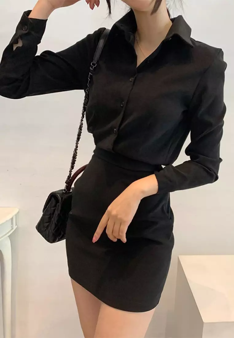 French style fashionable waist cinching solid color dress CA24092741BK