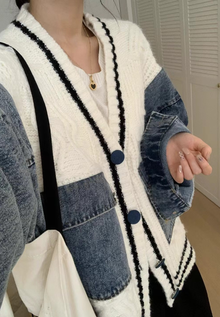 Temperament new denim splicing knitted jacket Cardigans K121001BL