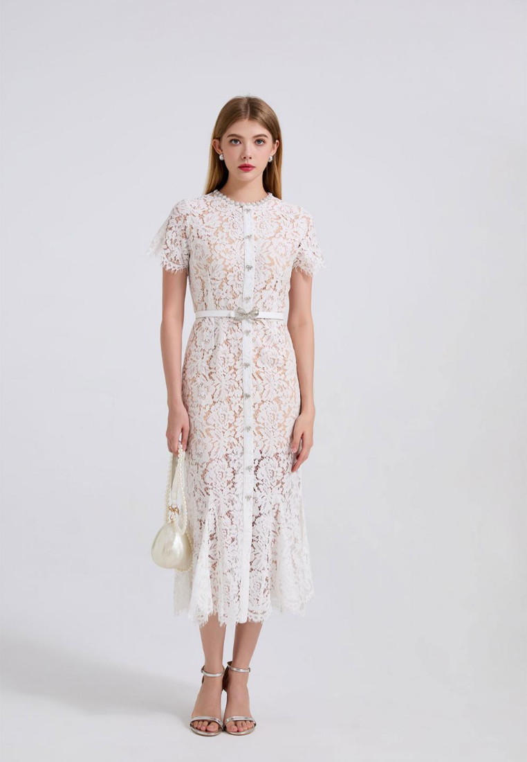 Elegant Lace Midi Dress with Pearl Neckline and Bow Belt K26060803