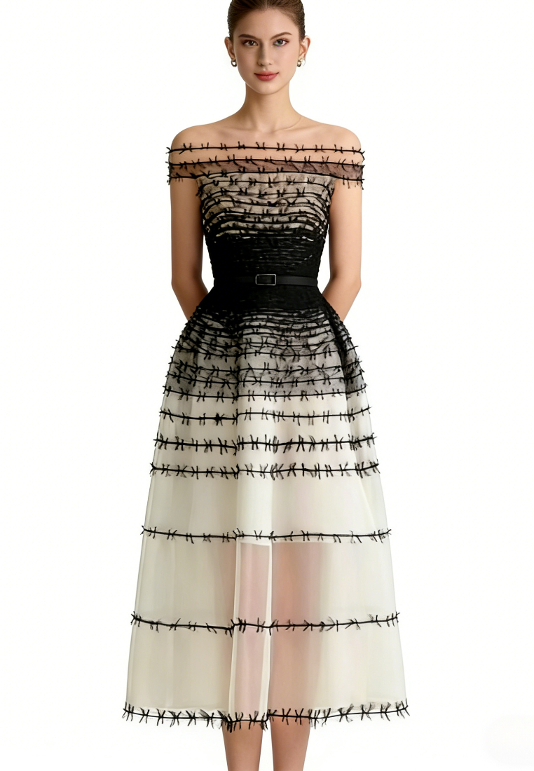 Elegant Off Shoulder Mesh Patchwork Midi Dress Formal Evening Gown K26040902