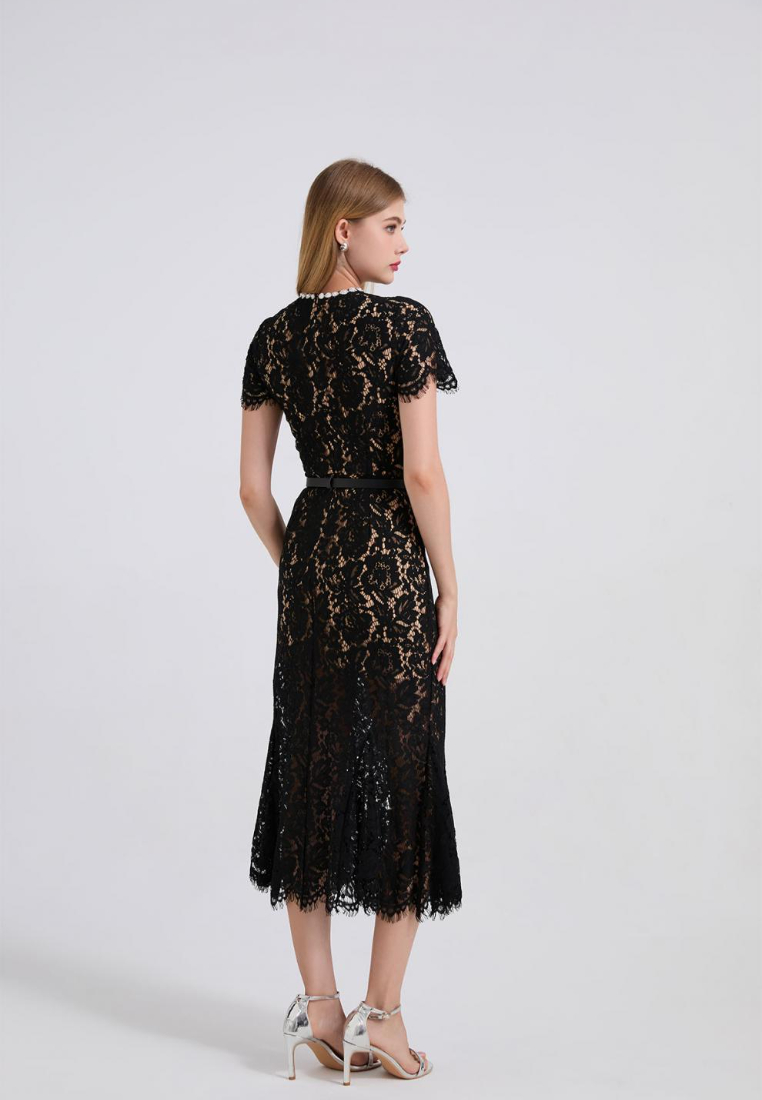 Elegant Lace Midi Dress with Pearl Neckline and Bow Belt K26060803