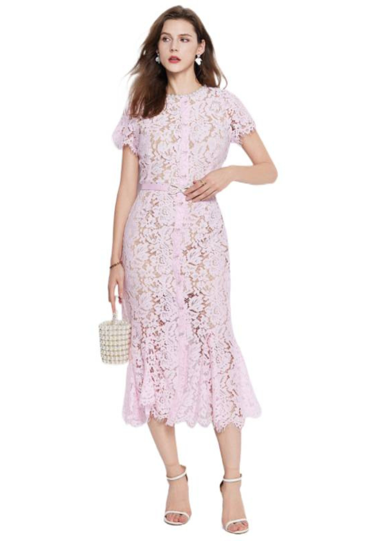 Elegant Lace Midi Dress with Pearl Neckline and Bow Belt K26060803