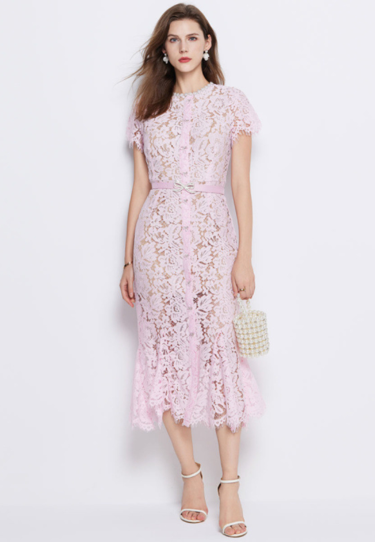 Elegant Lace Midi Dress with Pearl Neckline and Bow Belt K26060803
