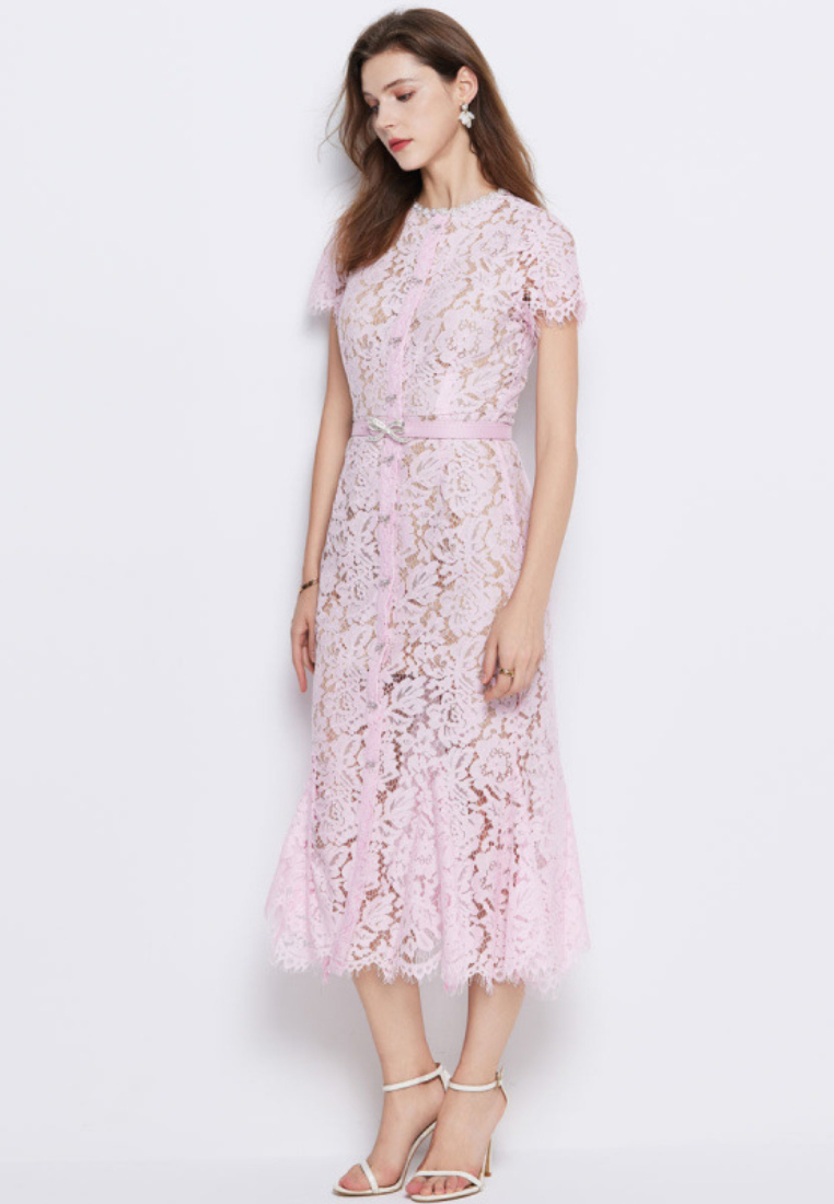 Elegant Lace Midi Dress with Pearl Neckline and Bow Belt K26060803