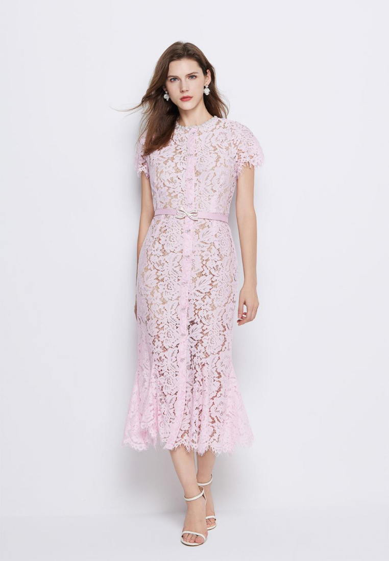 Elegant Lace Midi Dress with Pearl Neckline and Bow Belt K26060803