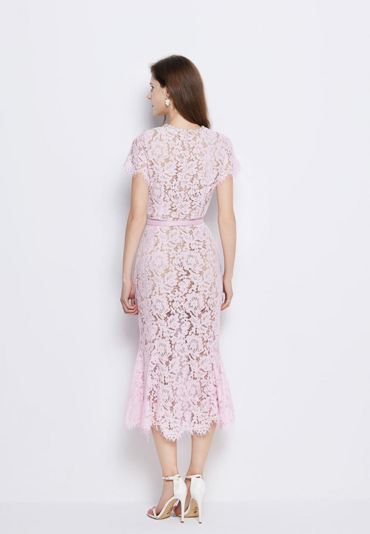 Elegant Lace Midi Dress with Pearl Neckline and Bow Belt K26060803