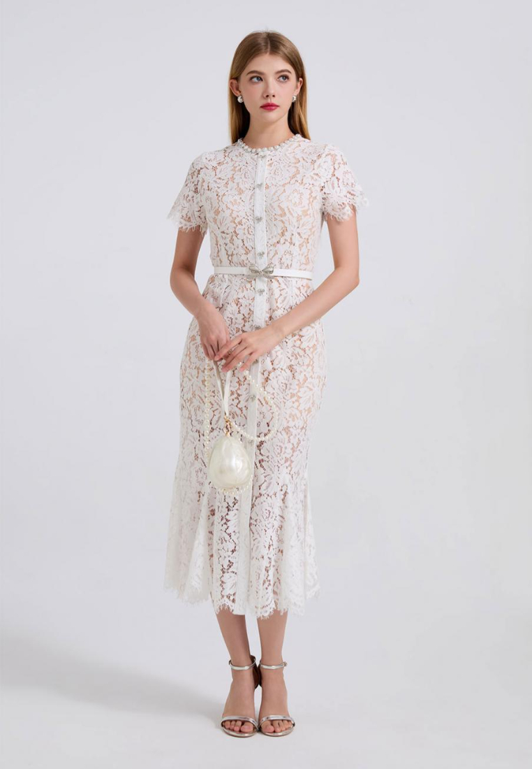 Elegant Lace Midi Dress with Pearl Neckline and Bow Belt K26060803