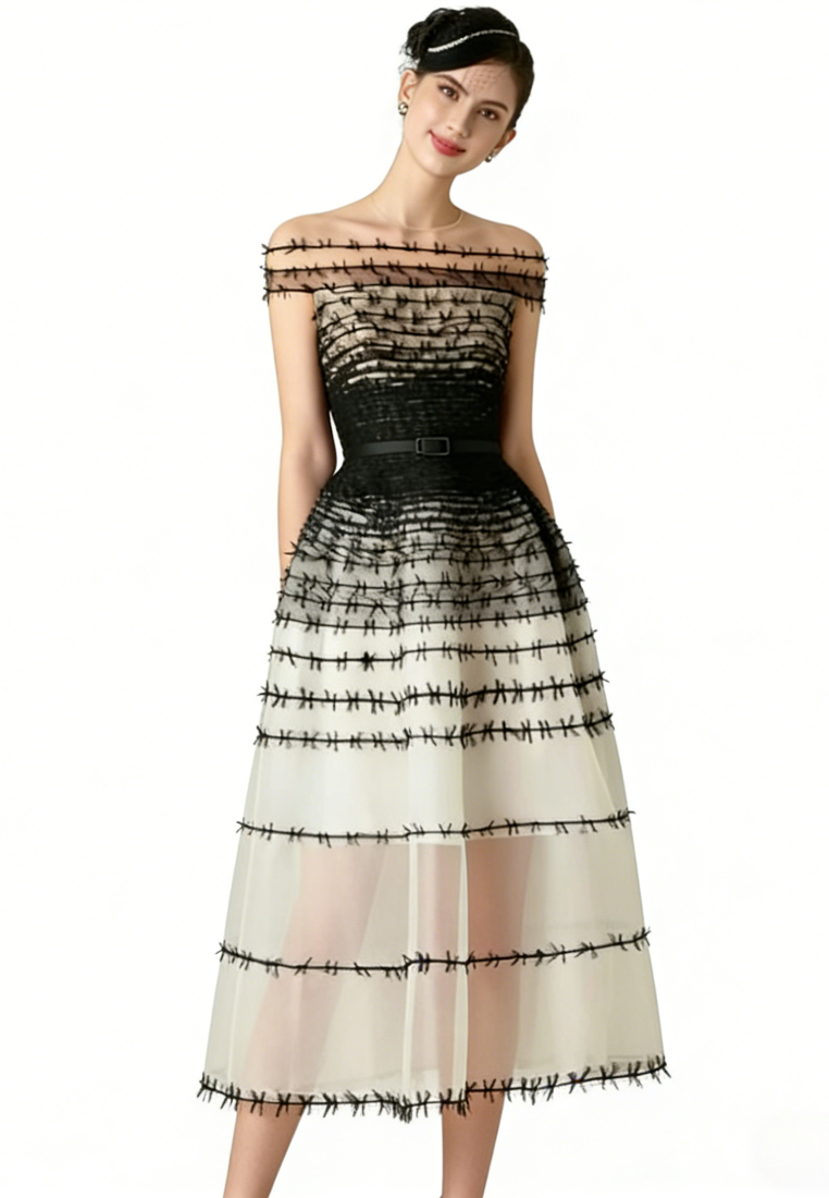 Elegant Off Shoulder Mesh Patchwork Midi Dress Formal Evening Gown K26040902