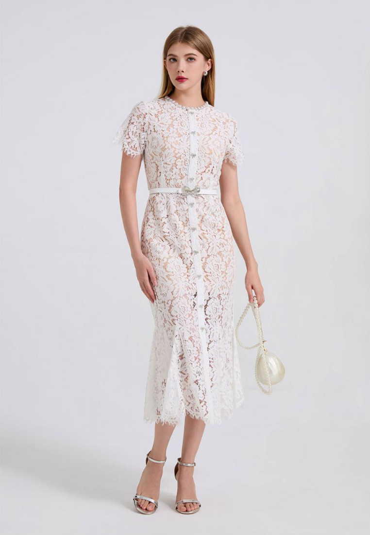 Elegant Lace Midi Dress with Pearl Neckline and Bow Belt K26060803