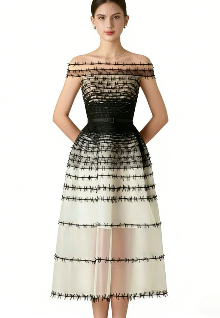 Elegant Off Shoulder Mesh Patchwork Midi Dress Formal Evening Gown K26040902