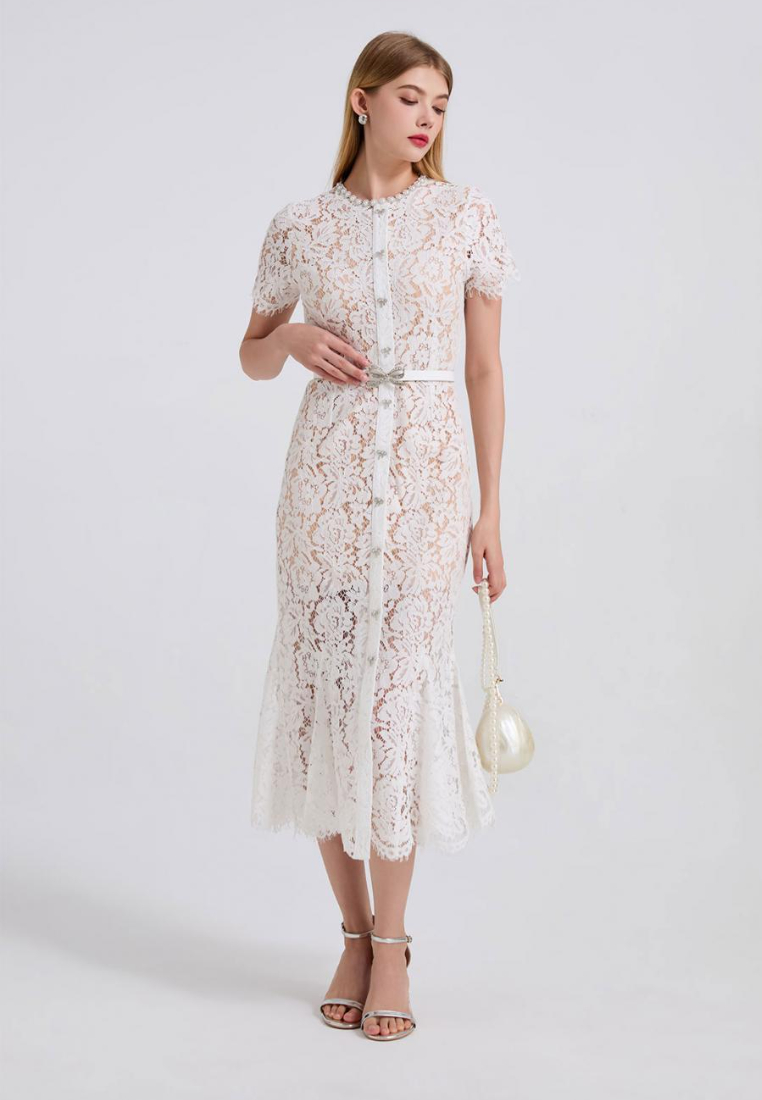 Elegant Lace Midi Dress with Pearl Neckline and Bow Belt K26060803