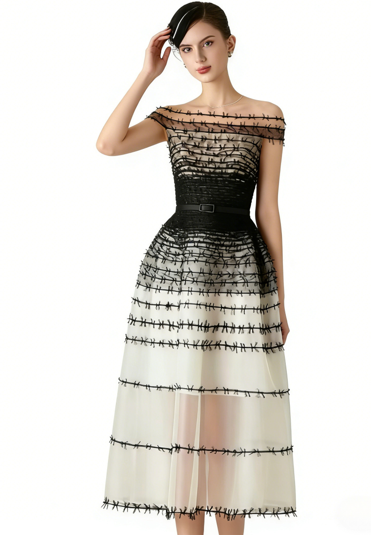 Elegant Off Shoulder Mesh Patchwork Midi Dress Formal Evening Gown K26040902