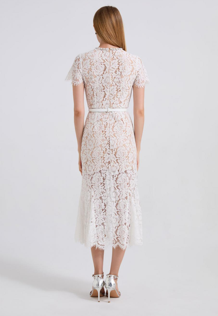 Elegant Lace Midi Dress with Pearl Neckline and Bow Belt K26060803