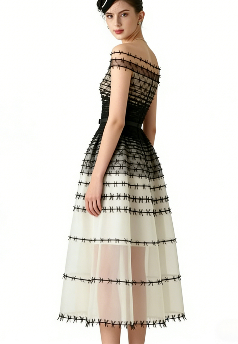 Elegant Off Shoulder Mesh Patchwork Midi Dress Formal Evening Gown K26040902