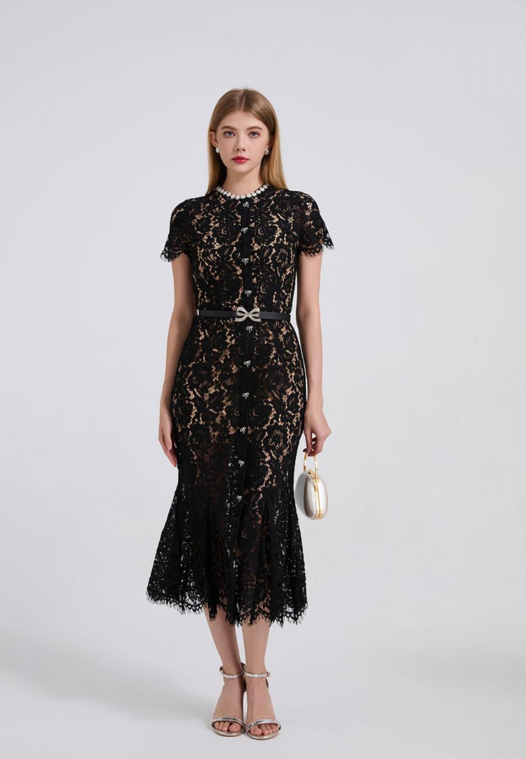 Elegant Lace Midi Dress with Pearl Neckline and Bow Belt K26060803