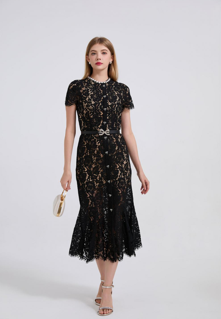 Elegant Lace Midi Dress with Pearl Neckline and Bow Belt K26060803