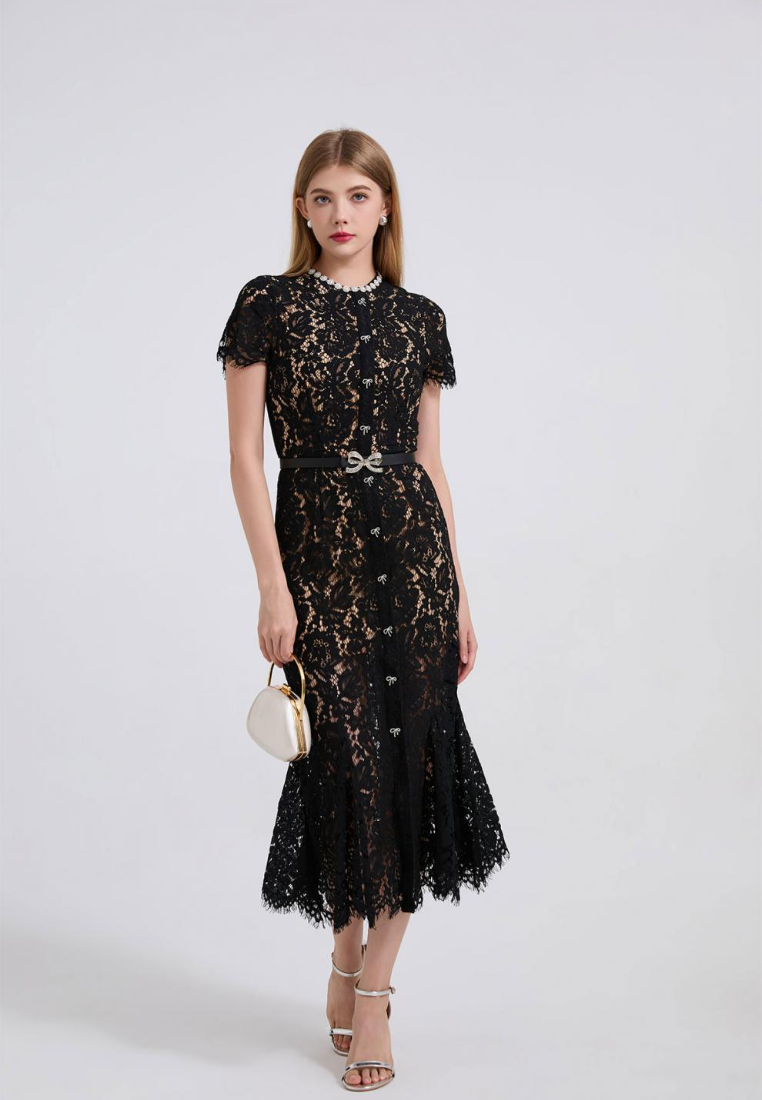 Elegant Lace Midi Dress with Pearl Neckline and Bow Belt K26060803