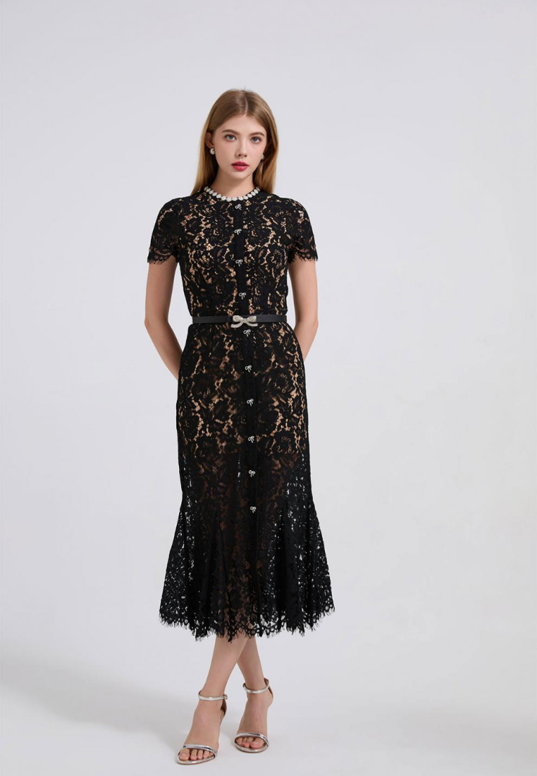 Elegant Lace Midi Dress with Pearl Neckline and Bow Belt K26060803