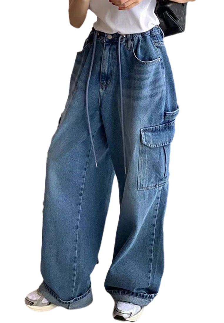 2024 Korean drawstring large pockets unisex workwear denim wide-leg pants CA24062002