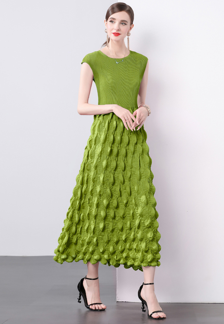 Handmade pleated shoulder wrapped bubble dress CA241128102GR