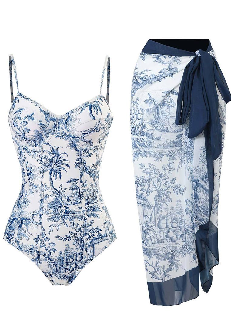 European and American Retro Printed Underwire Swimsuit & Dress CA25030502BL