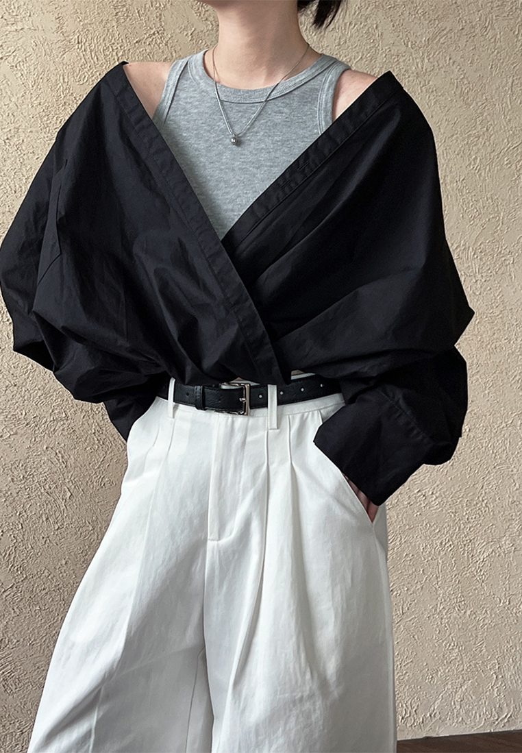 Spring off-shoulder shirt with knitted vest fake two-piece top CA25032702BK