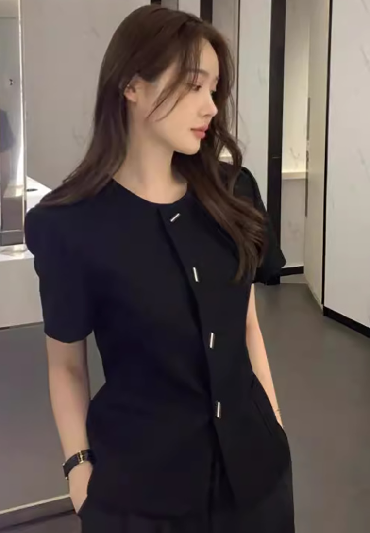 New summer retro French Chanel style tweed short-sleeved top CA25042902BK