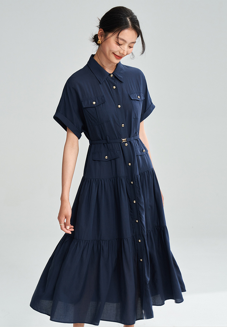 Summer New Style Notched Lapel Button-Up Short-Sleeve Shirt Dress CA25052902BL