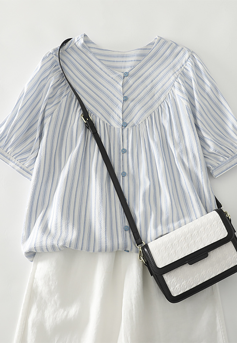 Summer striped jacquard casual round neck shirt CA25070902BL