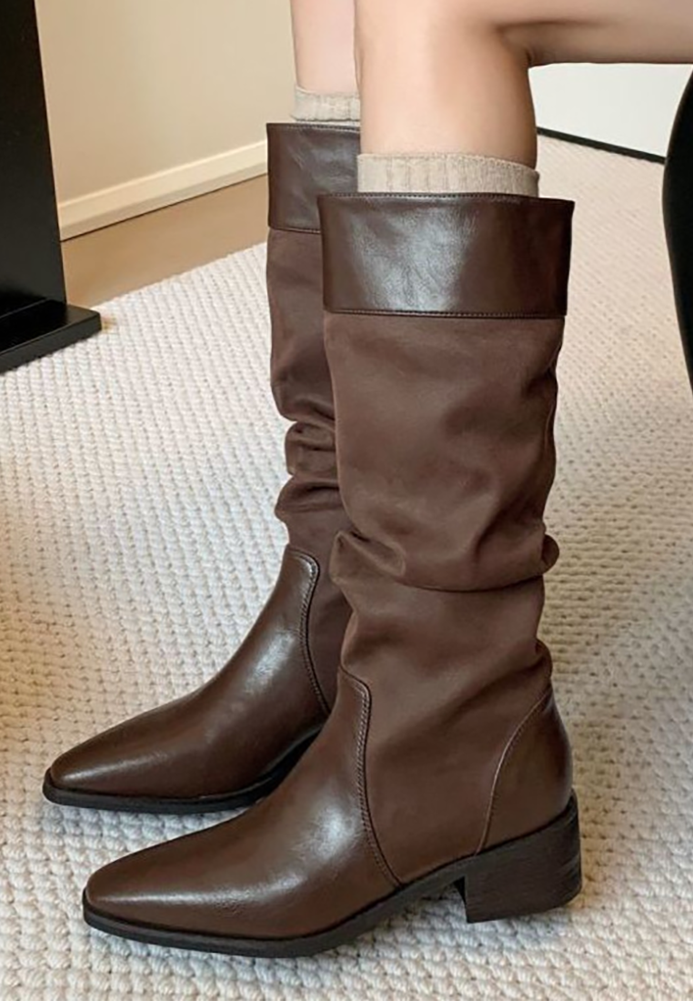 New square toe chunky heel retro long boots CA25090202BW