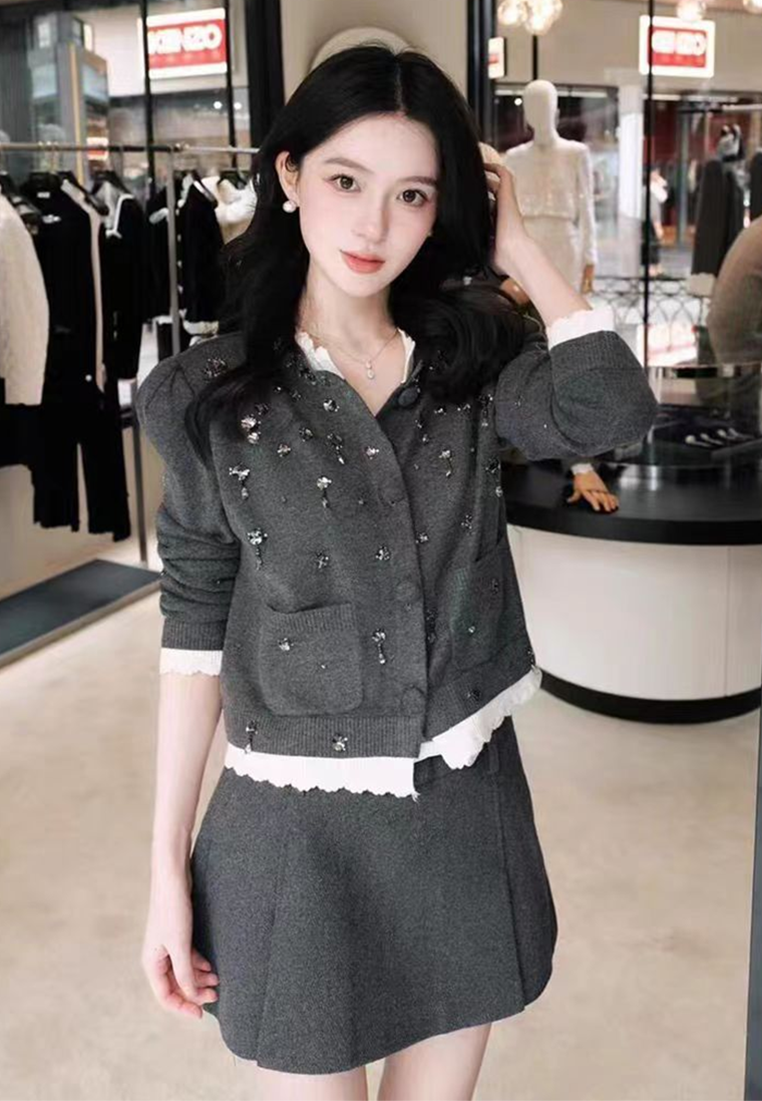 Elegant New Autumn Gray Knit Cardigan and Skirt CA25101603GY