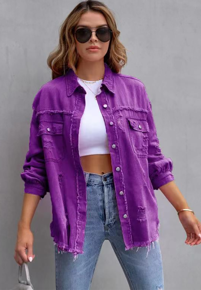 Euro-American Style Autumn/Winter Distressed Denim Jacket with Raw Hem CA25091502