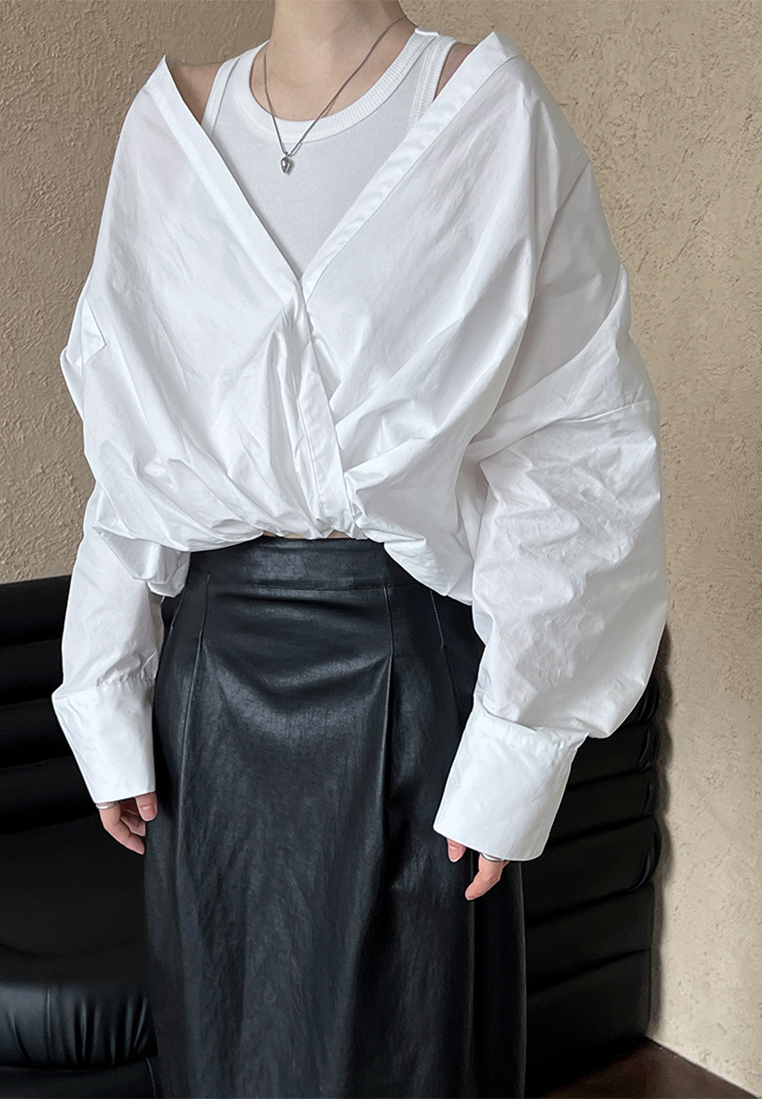 Spring off-shoulder shirt with knitted vest fake two-piece top CA25032702BK