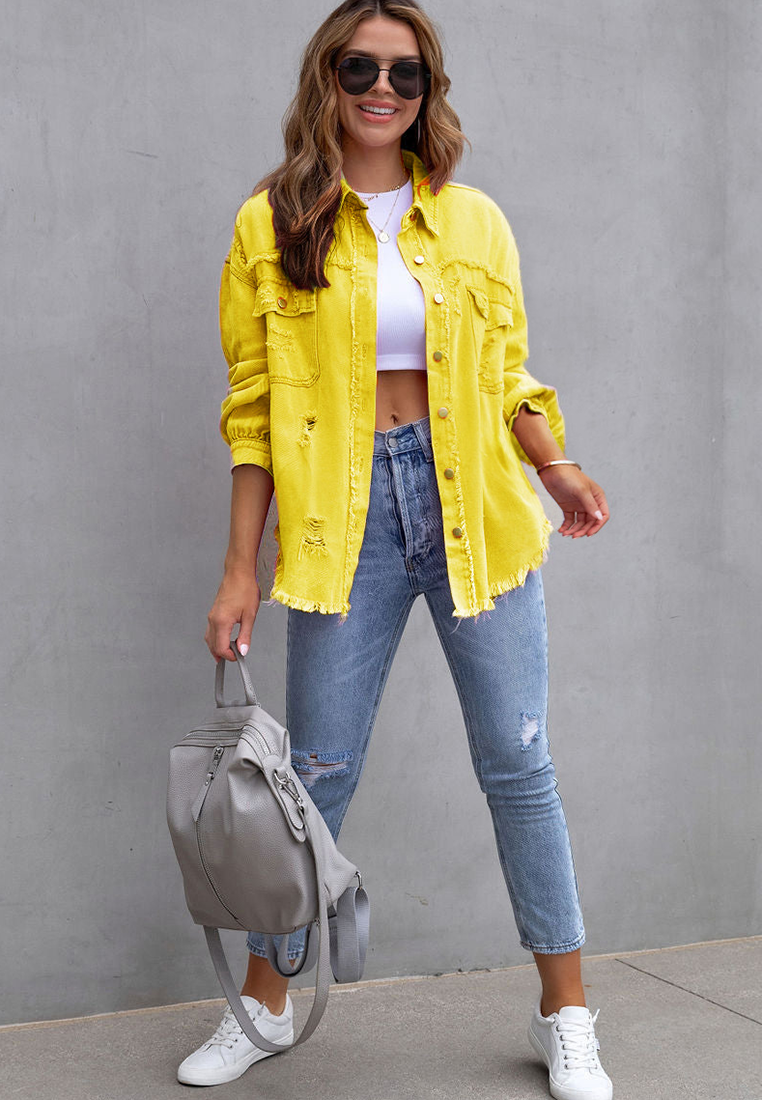 Euro-American Style Autumn/Winter Distressed Denim Jacket with Raw Hem CA25091502