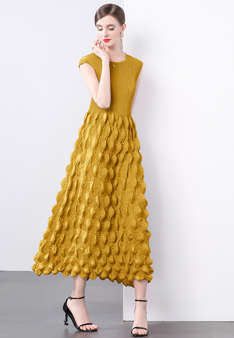 Handmade pleated shoulder wrapped bubble dress CA241128102GR