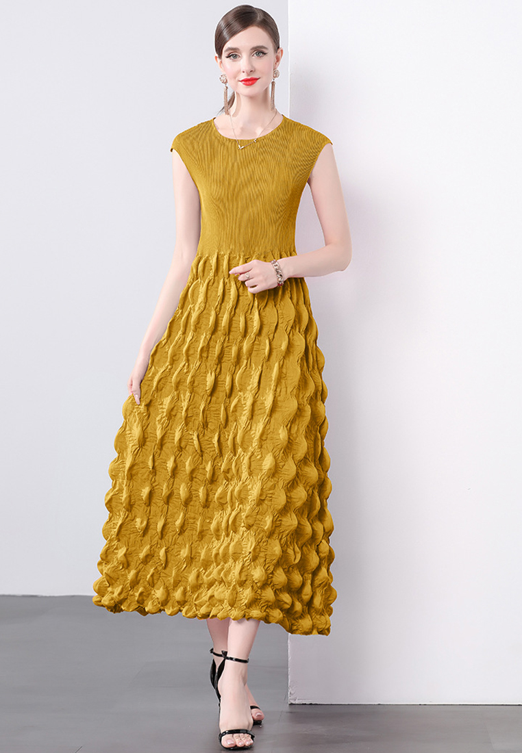 Handmade pleated shoulder wrapped bubble dress CA241128102GR