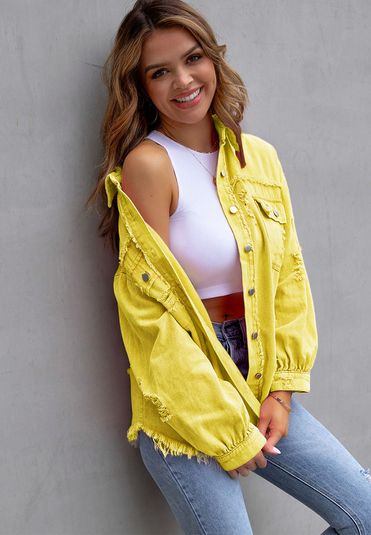 Euro-American Style Autumn/Winter Distressed Denim Jacket with Raw Hem CA25091502