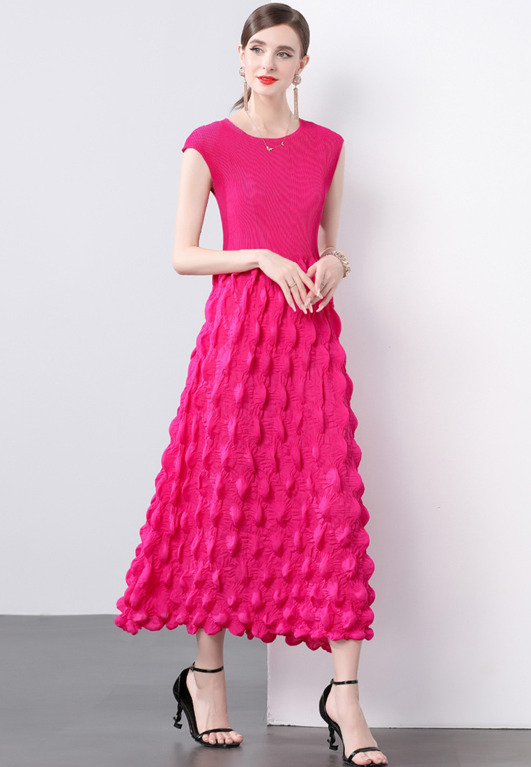 Handmade pleated shoulder wrapped bubble dress CA241128102GR