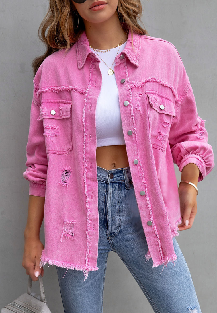 Euro-American Style Autumn/Winter Distressed Denim Jacket with Raw Hem CA25091502