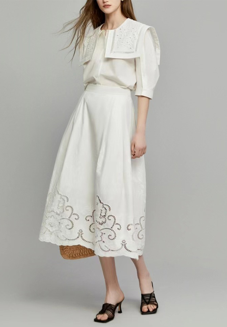 2024 New White Embroidered Short sleeved Pure Cotton Shirt CA24031902W