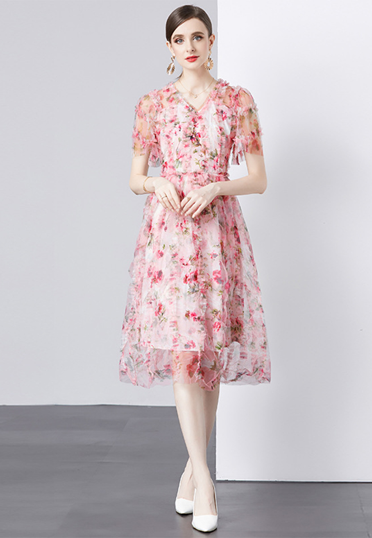 2024 Summer Women's V-neck Pink Printed Dress CA24032602PI