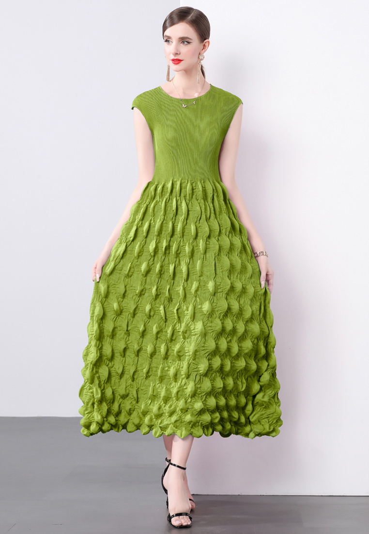 Handmade pleated shoulder wrapped bubble dress CA241128102GR