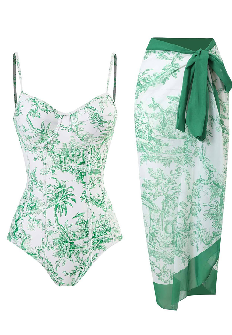 European and American Retro Printed Underwire Swimsuit & Dress CA25030502BL