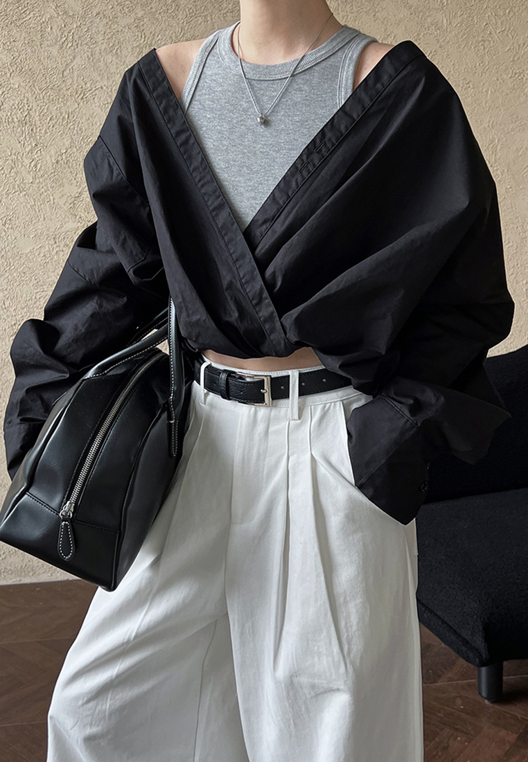 Spring off-shoulder shirt with knitted vest fake two-piece top CA25032702BK