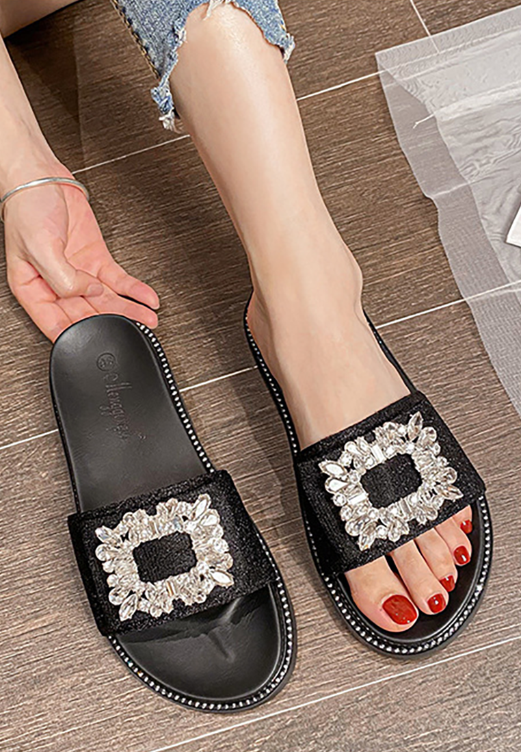 2025 Summer Bowknot Rhinestone Flat Strap Sandals CA25042302BK